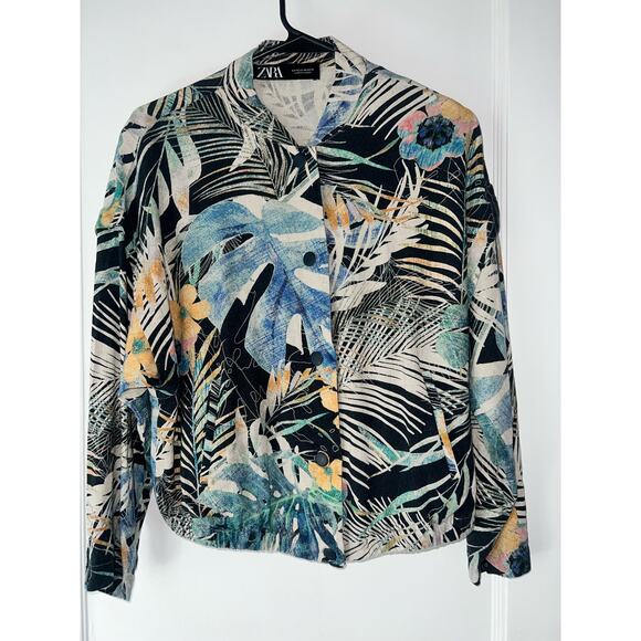 Zara  Womens  Tropical Floral Print Linen Blend Bomber Jacket size XS. - Picture 1 of 7
